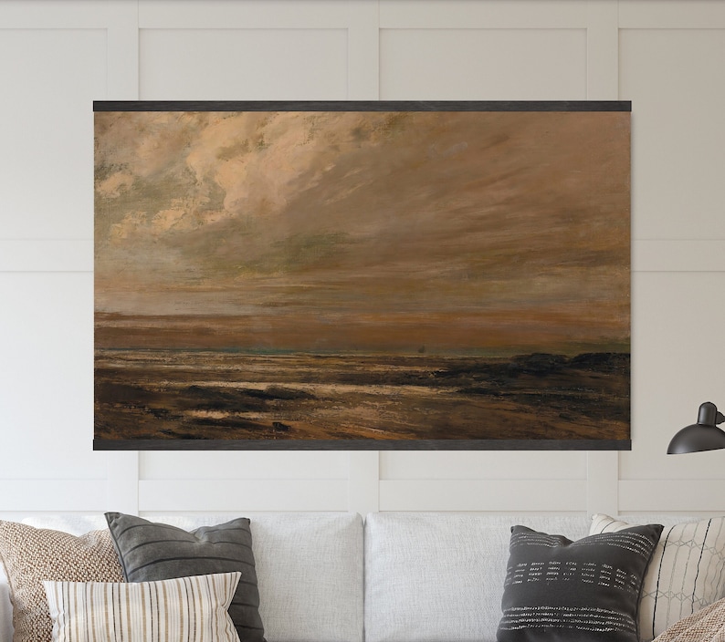 Coastal Cottage Tapestry Wall Hanging - Moody Seascape Oil Painting, Beach House Wall Art, Canvas Giclée Art Print image 1