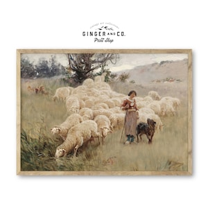 May include: A vintage painting of a shepherdess with a flock of sheep and a dog in a field. The shepherdess is wearing a red dress and a white apron. The sheep are white and the dog is black. The painting is done in a realistic style and has a warm, inviting feel.