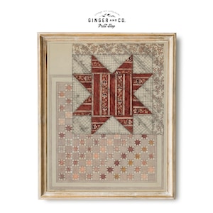 May include: A framed print of a vintage quilt pattern featuring a red and white star design with a checkered background. The print is in a light wood frame.