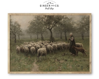 Pintura de ovelha vintage - Belas artes para impressão - Impressão de paisagem de primavera temperamental, pastora com rebanho, país francês