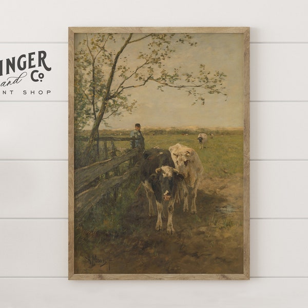 Cows by the Fence -- PRINTABLE DIGITAL DOWNLOAD Farmhouse Animal Vintage 19th Century Fine Art Oil Painting