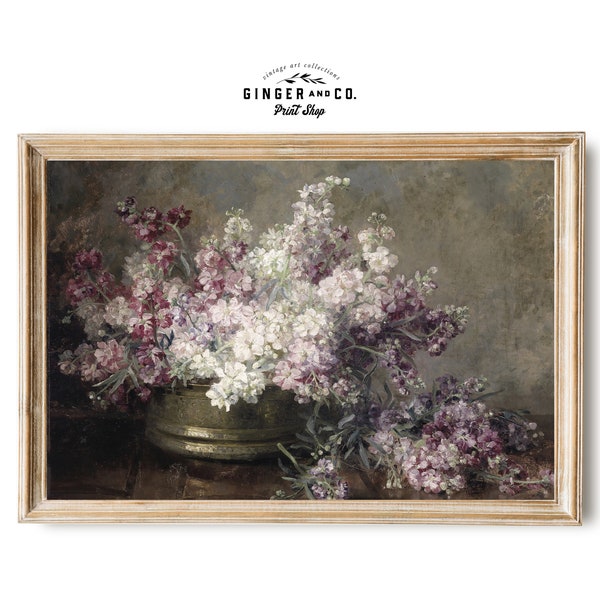 Vintage Flowers Still Life Oil Painting - PRINTABLE DIGITAL DOWNLOAD - Purple Lilacs Art Print