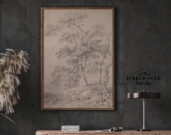 Estudio de árbol vintage en paisaje - IMPRESIÓN ENVIADA - Dibujo de bellas artes antiguo, impresión en lienzo Giclée, despegar y pegar, arte mural melancólico, boceto de árbol