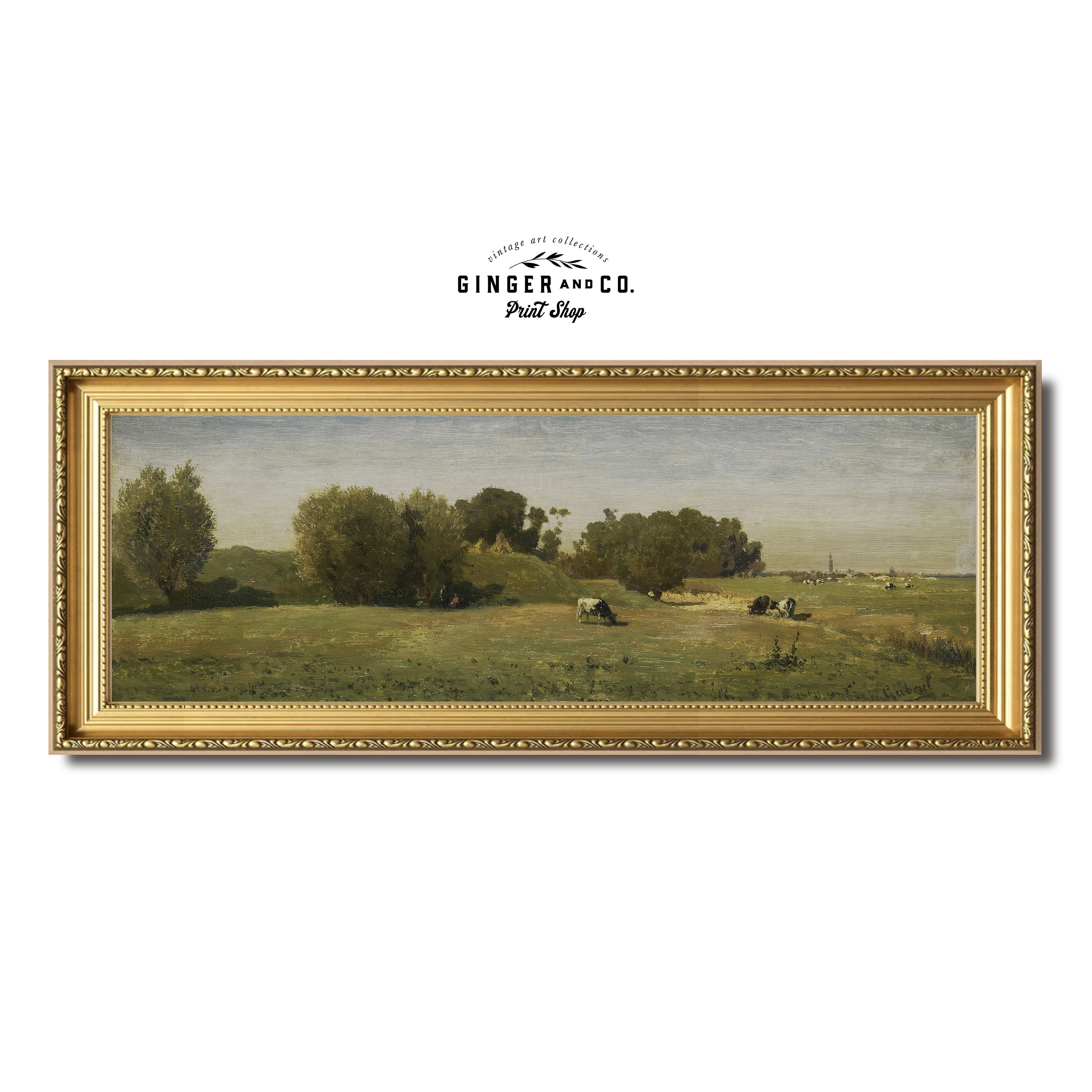 Landscape with Cows Vintage Oil Painting -- Panoramic Wall Art, French Country, Canvas Giclée Print, Peel and Stick