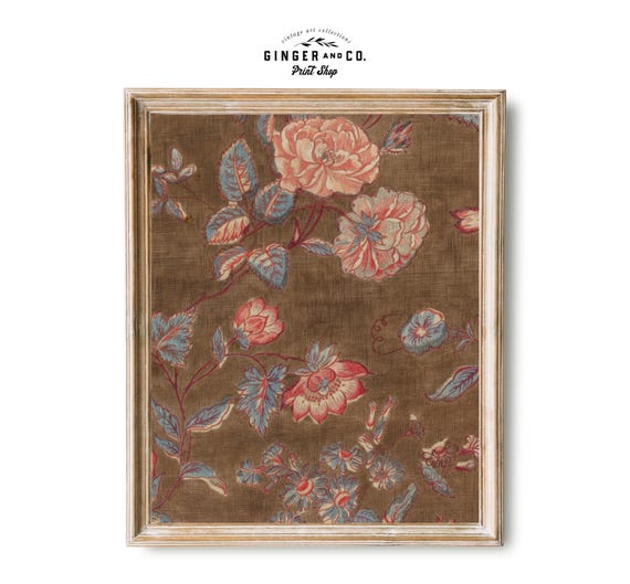 Pink Rose Calico Textile Design - PRINTABLE DIGITAL DOWNLOAD - Pink and Brown Floral Textile Print