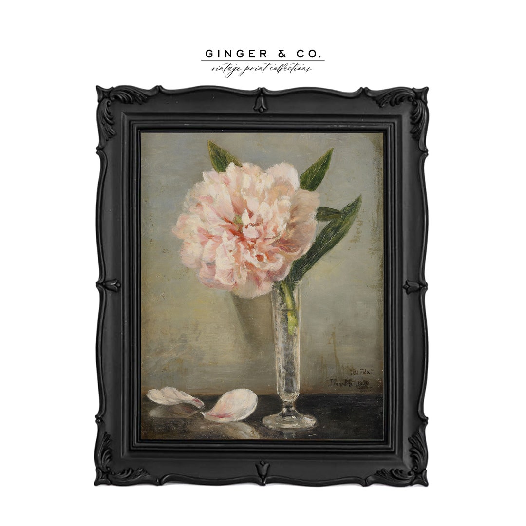 Moody Pink Peony Flower Oil Painting - Floral Still Life Print, Gicée ...