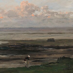 May include: A painting of a lone figure walking across a vast, flat landscape under a cloudy sky. The sky is a pale blue with wispy clouds, and the ground is a muted brown with patches of green. The figure is small and distant, and their clothing is a muted gray.