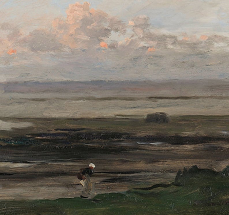 May include: A painting of a lone figure walking across a vast, flat landscape under a cloudy sky. The sky is a pale blue with wispy clouds, and the ground is a muted brown with patches of green. The figure is small and distant, and their clothing is a muted gray.