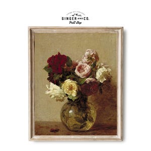 Still Life Painting with Roses in a Vase - PRINTABLE DIGITAL DOWNLOAD - French Country Cottage, Vintage Floral Oil Painting