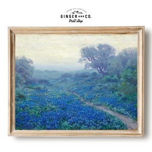 Bluebonnets Oil Painting - PRINTABLE DIGITAL DOWNLOAD - French Country Cottage Oil Painting -- Vintage Spring Landscape Art Print