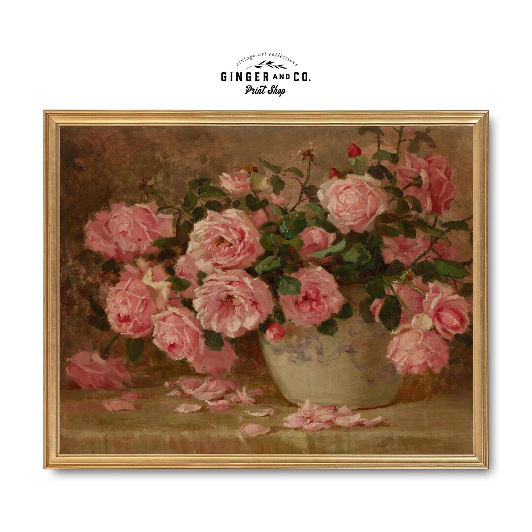 Vintage Pink Roses Still Life Oil Painting - SHIPPED PRINT - Moody ...