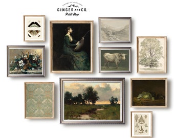 May include: A gallery wall featuring 10 framed prints with various subjects, including a woman playing a lute, a cow, a landscape, a floral arrangement, and a butterfly. The frames are all silver and have a vintage look.