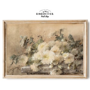 Floral Still Life Oil Painting - PRINTABLE DIGITAL DOWNLOAD - Vintage Fine Art Print, White Chrysanthemums