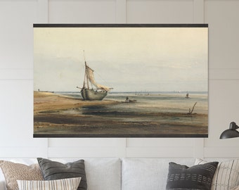 Moody Seascape Painting Tapestry Wall Hanging - Vintage Coastal Landscape with Sailboat, Canvas Wall Art, Canvas Giclée Art Print