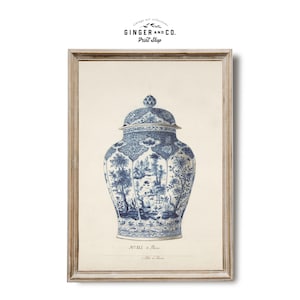 Vintage Chinoiserie Ginger Jar Design - PRINTABLE DIGITAL DOWNLOAD - Blue and White Porcelain Vase, French Country Cottage Kitchen Wall Art