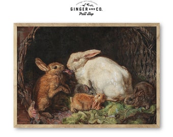 Family of Rabbits Vintage Oil Painting -- PRINTABLE DIGITAL DOWNLOAD -- French Country Cottage, Vintage Easter Bunny Print, Spring Wall Art
