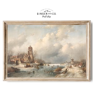 Vintage Ice Skating Oil Painting - PRINTABLE DIGITAL DOWNLOAD - Winter Wall Art, Vintage Winter Print