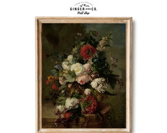 Pintura a óleo de natureza morta vintage com flores - DOWNLOAD DIGITAL PARA IMPRESSÃO - Impressão de belas artes, arte de parede temperamental