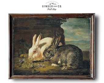 Rabbits Vintage Landscape Oil Painting -- PRINTABLE DIGITAL DOWNLOAD French Country Wall Art, Vintage Print, Nursery Wall Art, Easter Bunny