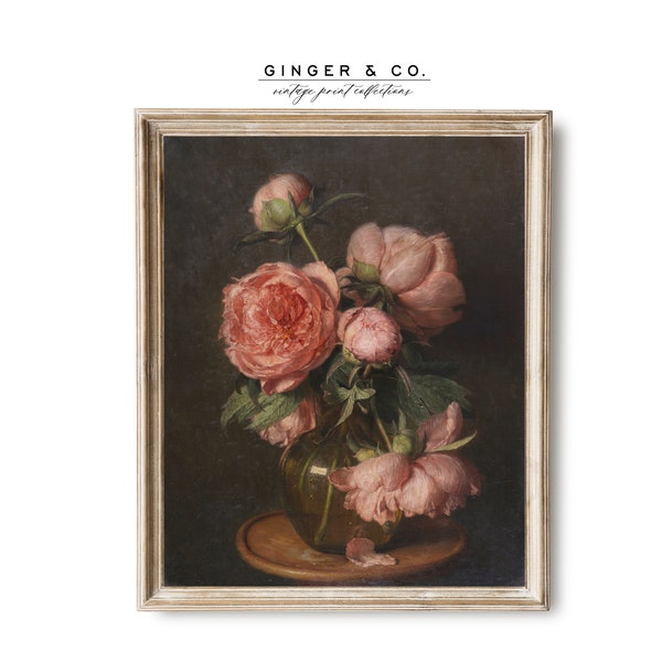Floral Still Life Painting - PRINTABLE DIGITAL DOWNLOAD - Pink Peonies Print, Vintage Flower Art