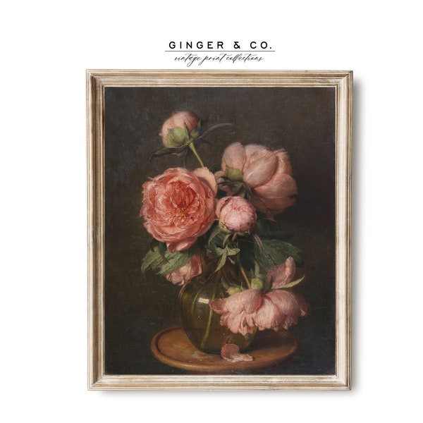 Floral Still Life Painting - PRINTABLE DIGITAL DOWNLOAD - Pink Peonies Print, vintage Flower Art