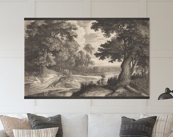 Moody Vintage Drawing Landscape Tapestry Wall Hanging - Travelers on a Road thru the Woods, Canvas Wall Art, Canvas Giclée Art Print