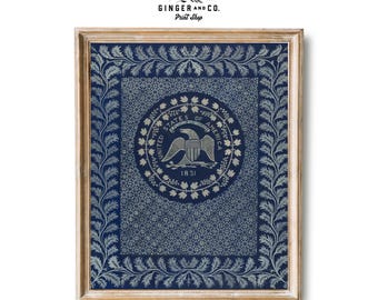 Tecido azul com selo dos Estados Unidos - DOWNLOAD DIGITAL PARA IMPRIMIR - Desenho vintage do início do século XX, impressão patriótica