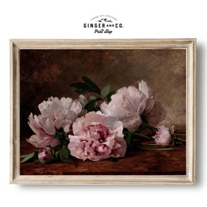 Moody Floral Still Life Oil Painting - SHIPPED PRINT - Pink Peonies Wall Art, Canvas Giclée Fine Art Print, Peel and Stick