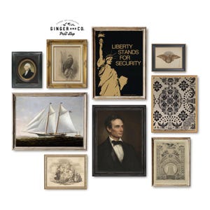 May include: A collection of framed vintage art prints, including portraits, nautical scenes, and patriotic imagery. The prints feature a variety of styles and colors, with subjects such as the Statue of Liberty and Abraham Lincoln. The prints are arranged on a white background.
