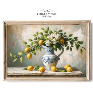 Pintura al óleo de naturaleza muerta con limones - IMPRESIÓN ENVIADA - Impresión vintage de cocina con limones, impresión artística Giclée sobre lienzo, despegar y pegar