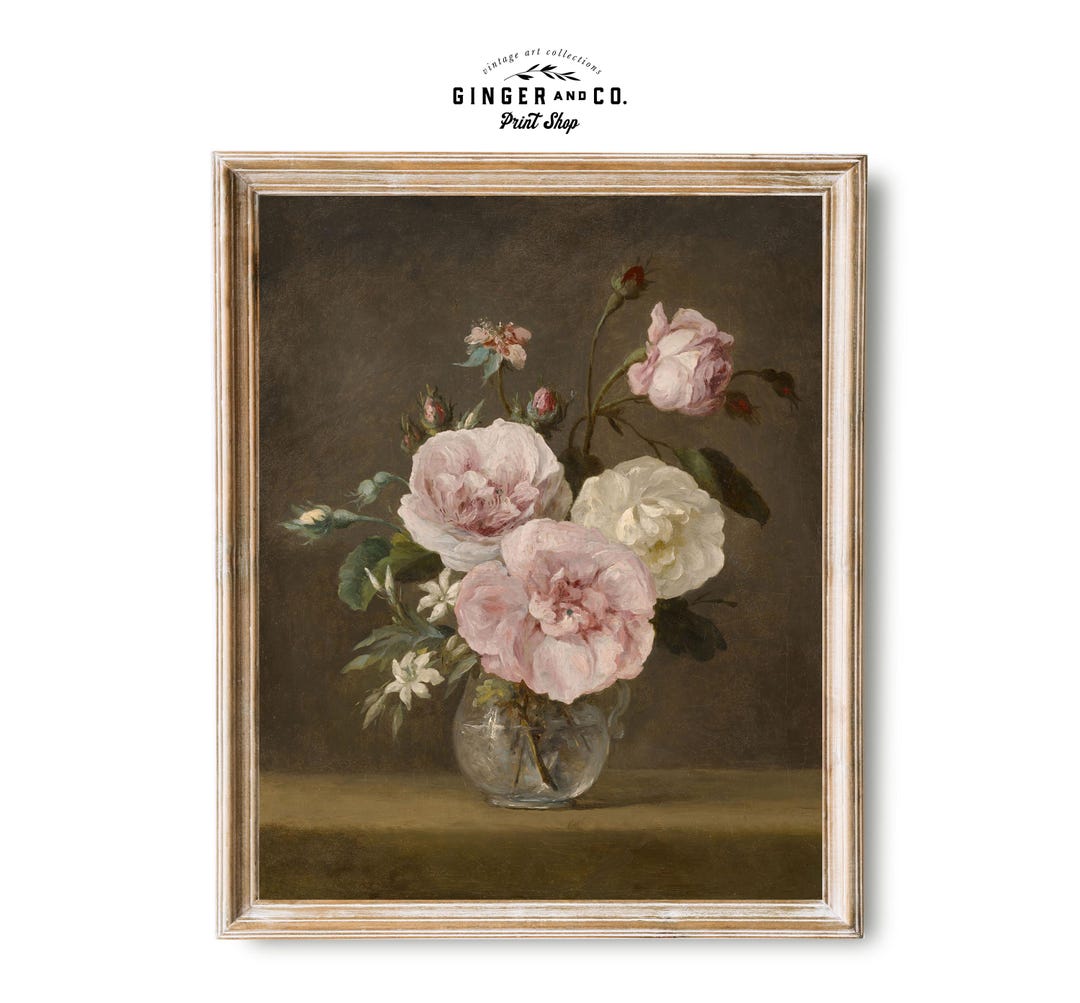 Vintage Pink Roses Oil Painting - SHIPPED PRINT - Flower Still Life ...