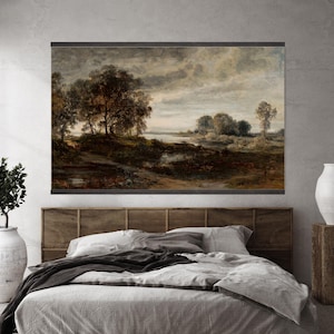 May include: A painting of a landscape with trees, a river, and a cloudy sky. The painting is in a muted color palette of browns, greens, and blues.