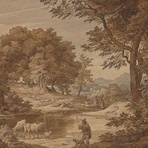 May include: A sepia-toned drawing of a pastoral landscape with a river, trees, and a shepherd with a staff and a dog. The shepherd is standing by the river, watching a herd of cattle and sheep grazing in the distance.