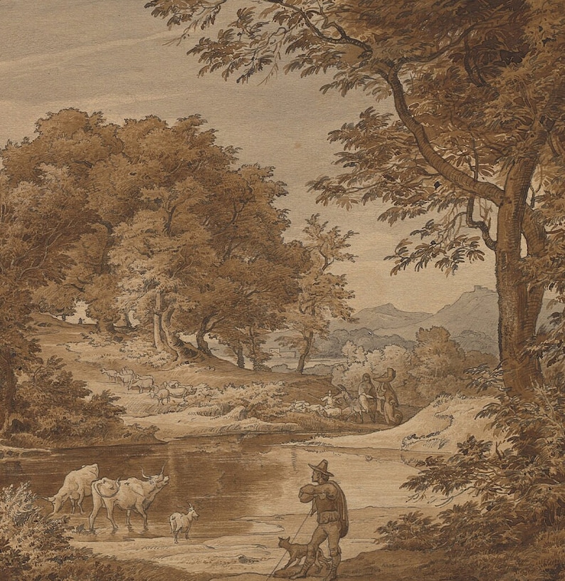 May include: A sepia-toned drawing of a pastoral landscape with a river, trees, and a shepherd with a staff and a dog. The shepherd is standing by the river, watching a herd of cattle and sheep grazing in the distance.