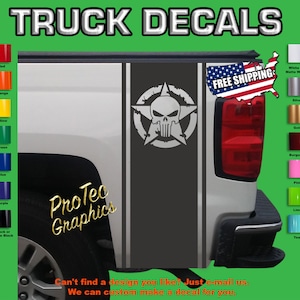 Truck Rear Bed Racing Stripes Fits Chevy, Dodge, Ford, Nissan, Toyota T-374 (Distress Star/Skull)