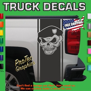 Truck Rear Bed Racing Stripes Fits Chevy, Dodge, Ford, Nissan, Toyota T-110 (Special Forces Skull)