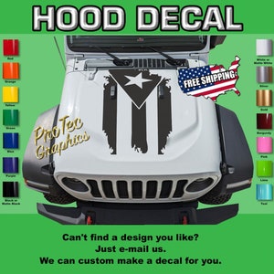 Jeep Wrangler/Gladiator Hood Decal: Distressed Puerto Rican Flag Vinyl WR-167