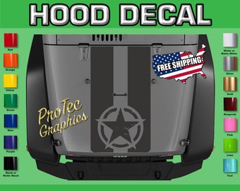 Hood Vinyl Decal Graphics Fits Jeep Wrangler H-264- Blackout (Stripes/Distress Star)