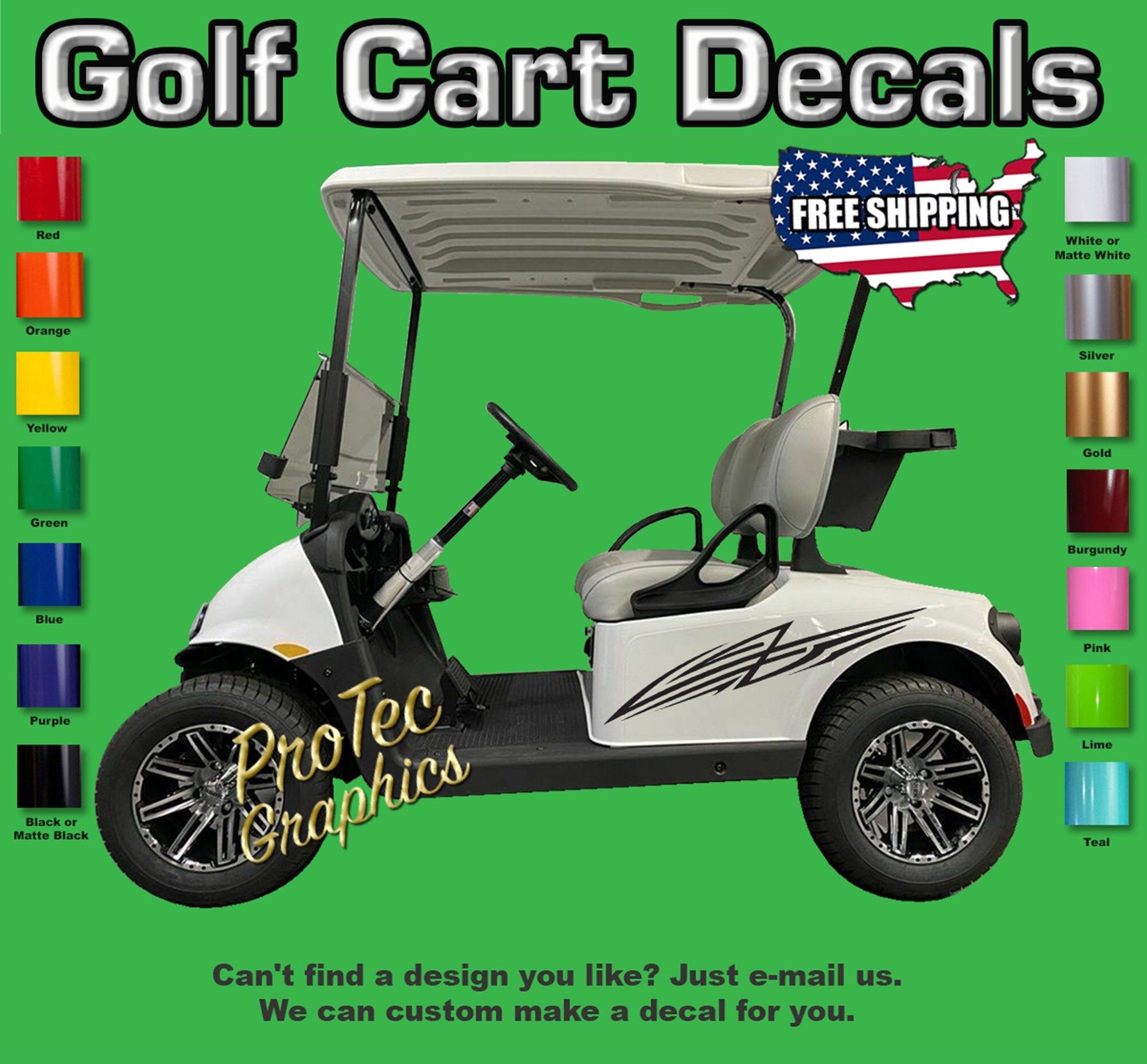 Golf Cart Vinyl Decal Graphics - Right, Left  & Front – Complete Set,  (4 Decals in Total) GC-34