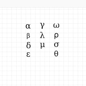 May include: A handwritten list of the Greek alphabet, starting with alpha and ending with theta.