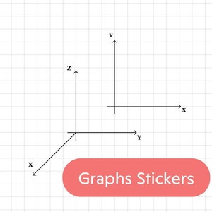 May include: A diagram showing three-dimensional coordinate axes labelled X, Y, and Z, set against a grid. A red rounded rectangle at the bottom displays the text "Graphs Stickers".