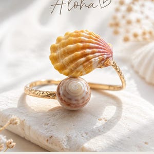 Pulsera tipo brazalete de concha hawaiana bañada en oro de 14 quilates: Concha marina Sunrise