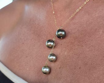 Tahitian Black Pearl Lariat Necklace: 14K Gold Filled Chain