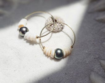 Tahitian Pearl Hoop Earrings: Puka Shell, 14K Gold Filled or Sterling Silver