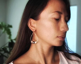 Tahitian Pearl Hoop Earrings: Hawaiian Puka Shell, 14K Gold Filled
