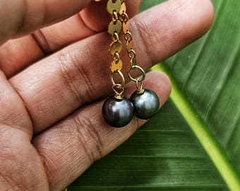 9mm Tahitian Pearl Dangle Earrings, 14k Gold Filled