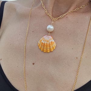 Rare Sunrise Seashell Necklace with White Edison Pearlm Bright Hawaiian Shell. Sunrise Seashell. White Pearl Necklace
