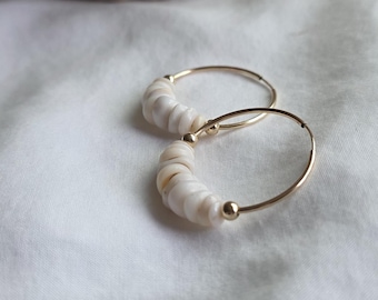 Puka Shell Earrings: 14K Gold Filled Hoops, Hawaiian Jewelry
