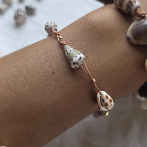 May include: A seashell bracelet featuring small, tan seashells with brown spots, strung on a light brown cord. The bracelet is adorned with small gold-colored beads. The background is a white, textured surface.