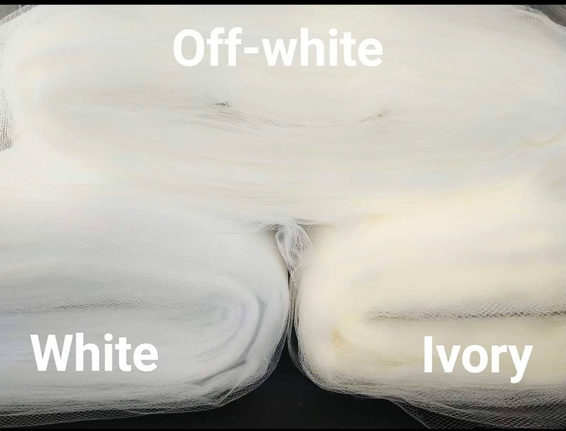 May include: Three swatches of tulle fabric in different shades of white: white, off-white, and ivory.
